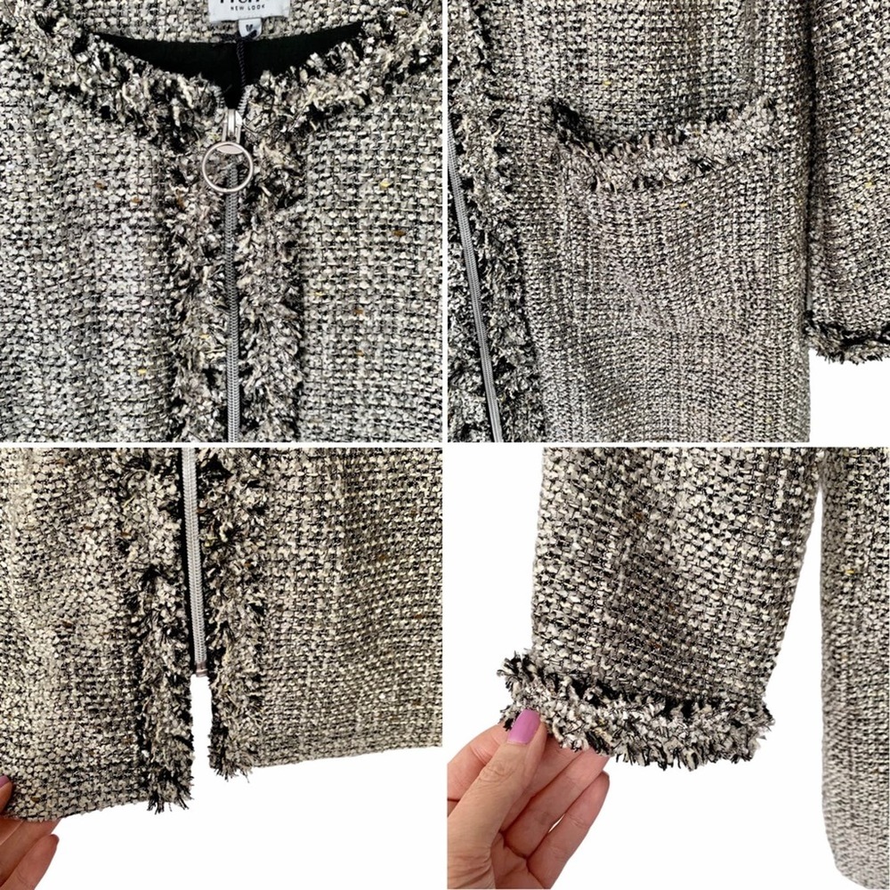 Nulu Fringe Trim Long Tweed Blazer in Gray Size Medium - Picture 7 of 9